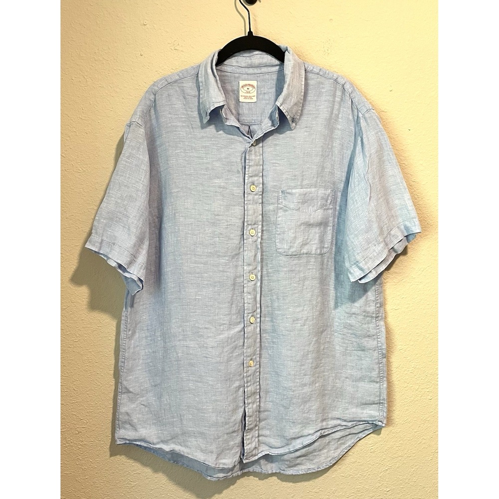 Brooks Brothers Men's Button Up Shirt Medium Light Blue 100% Linen Short Sleeve